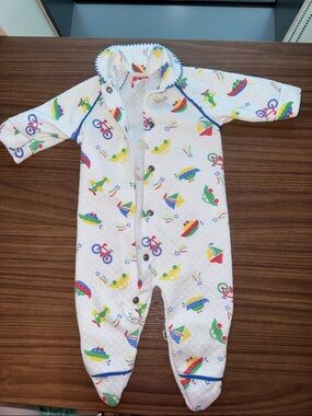 Vintage Playskool White Footed Baby One-Piece with Colorful Vehicle Print